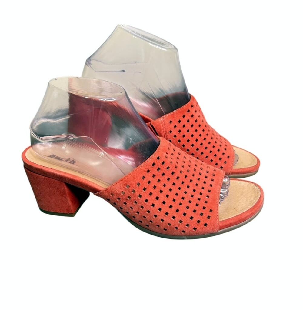 Earth Ibiza Bright Coral Suede Perforated Slide Comfort Sandals 2.5" Block Heel